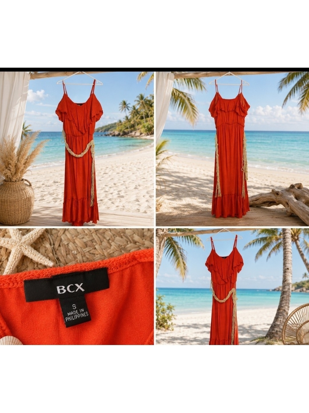 BCX Ruffled Spaghetti-Strap Maxi Dress in Coral Orange
